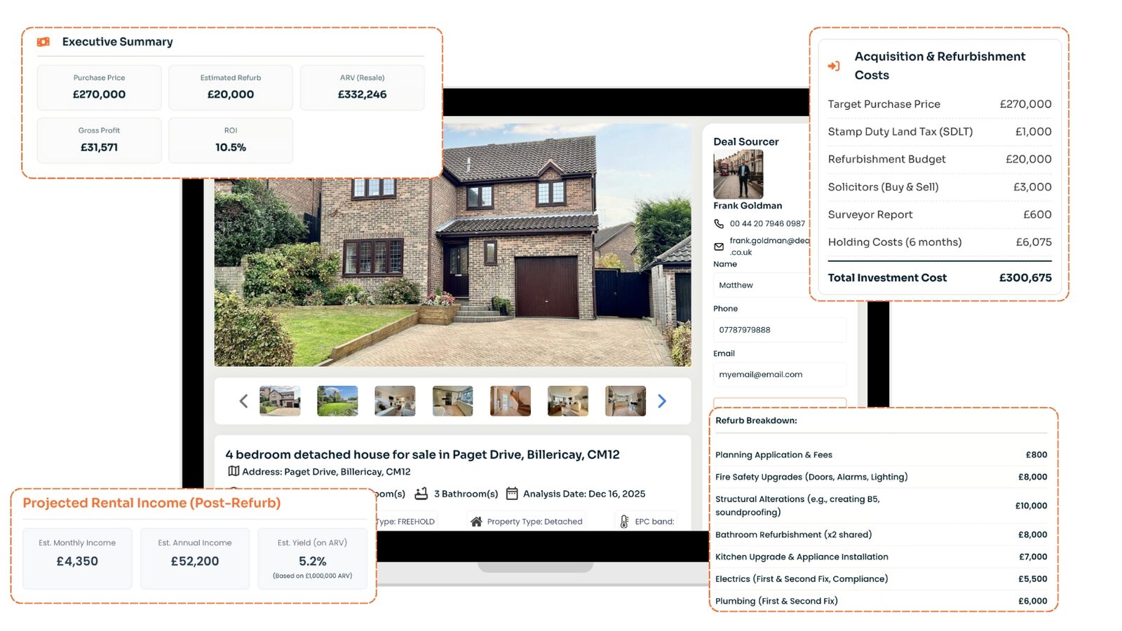 A Deal Wizard report on a laptop with call-outs: executive summary, acquisition and refurbishment costs, projected rental income and refurb breakdown